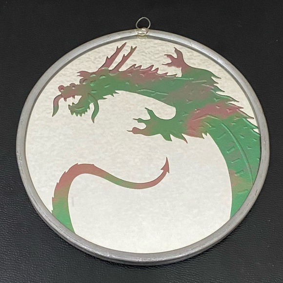 Vintage Handmade Dragon Foiled Mirrored Art Glass 6” Suncatcher Hanging Decor - Picture 2 of 12